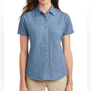 Joes USA Button Front Denim Blouse Short Sleeve‎ Faded Blue Size Small